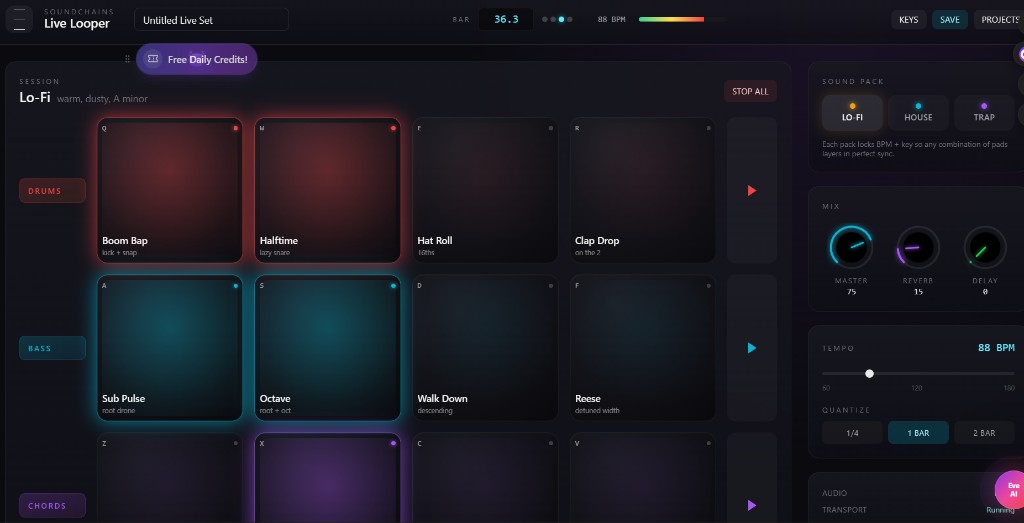 Live Looper 4×4 pad grid with sound packs and mix controls