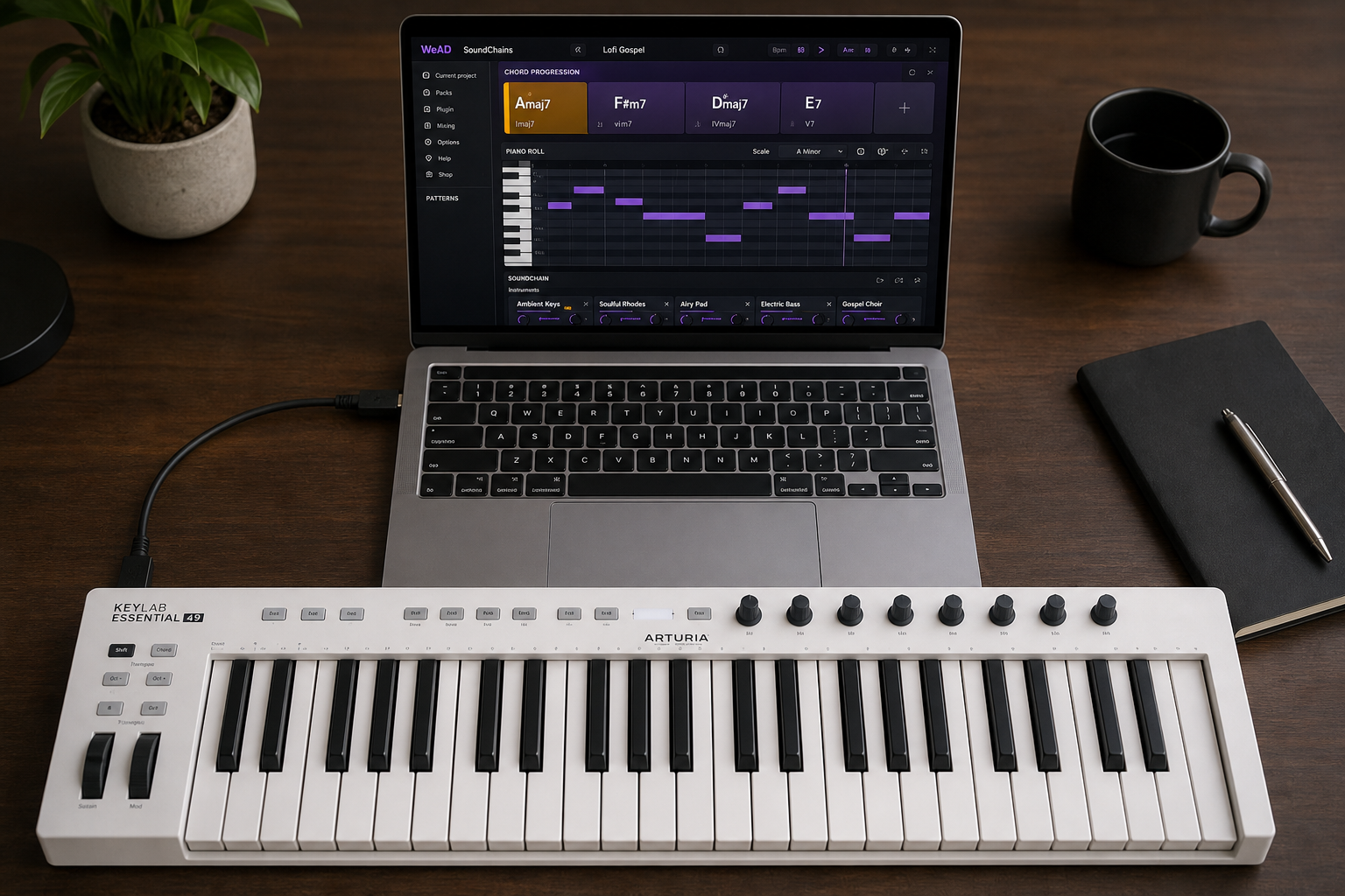 A physical Arturia MIDI keyboard connected via USB to a laptop running the WeAD chord progression interface